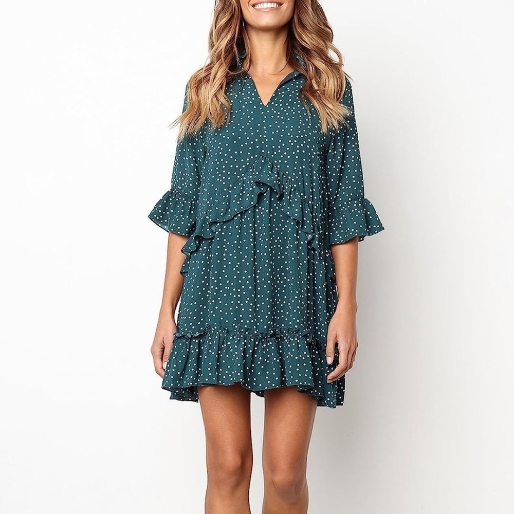 MITILLY Women's Summer V Neck Ruffle Polka Dot Pocket Loose Swing Casual Dress